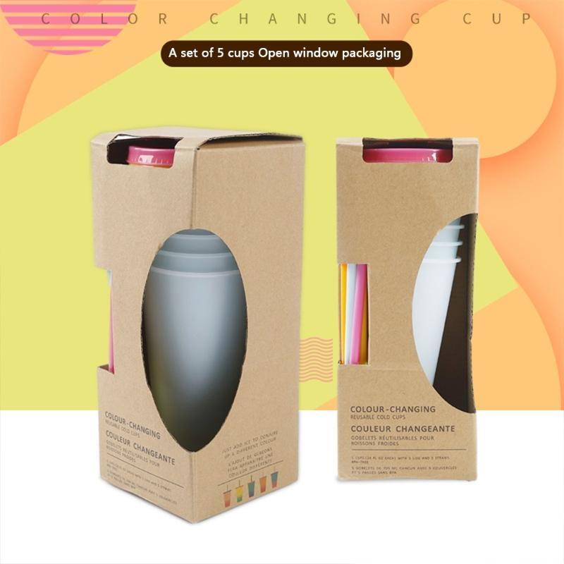 Hrníčky měnící barvu 5 kusů Opakovaně použitelné Tumbler s víčky a brčky Ledová voda Měnící barvu BPA Tumblery Party hrníčky