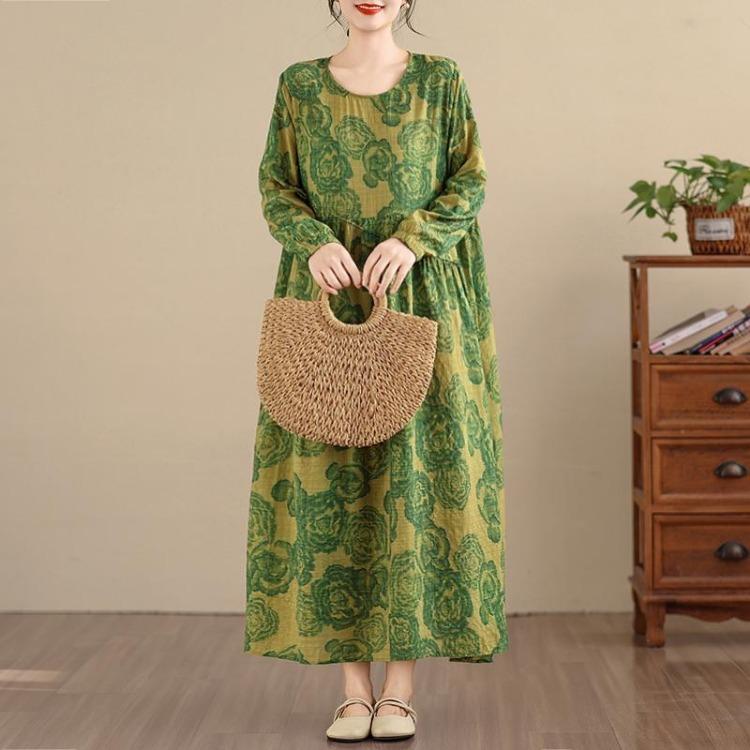 New Spring Summer Vintage Floral Print Maxi Dress Loose Oversize Long Sleeve for Women Plus Size