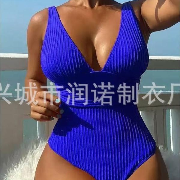New year's new one-piece solid color vertical strip fabric sexy slim and thin swimsuit
