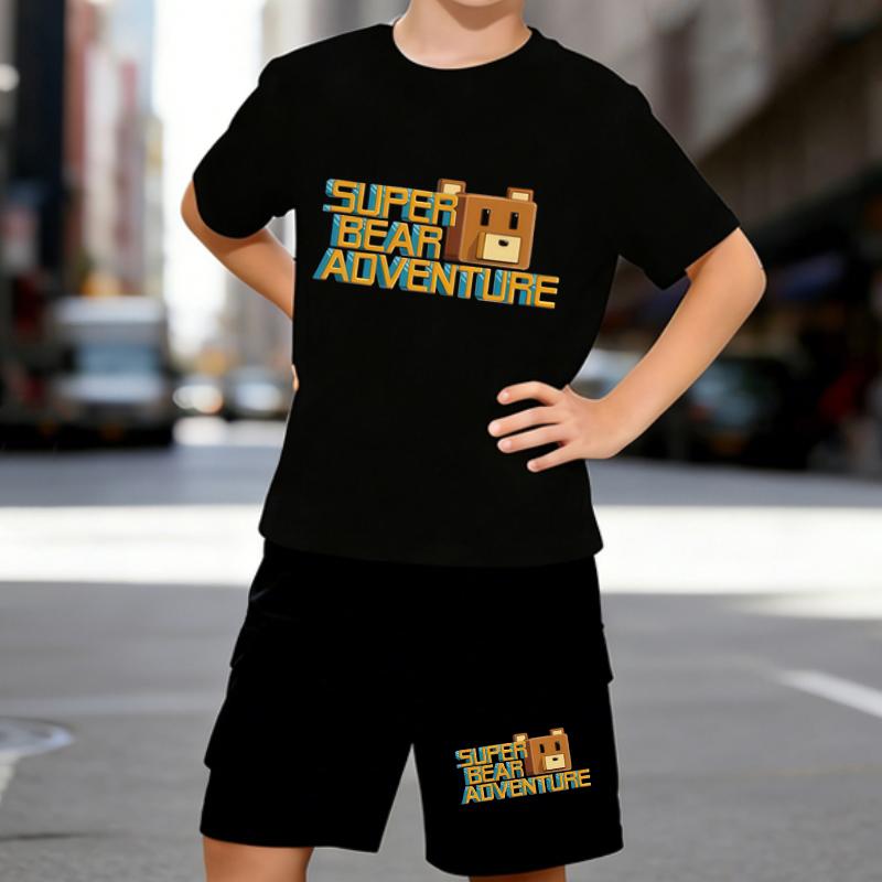 

Boys 2 Piece Cartoon Bear Print Outfit, Short Sleeve T-Shirt and Shorts Set for Kids Age 5-14,Black and White Sporty Casual Summer Clothes 5-6 Years чёрный