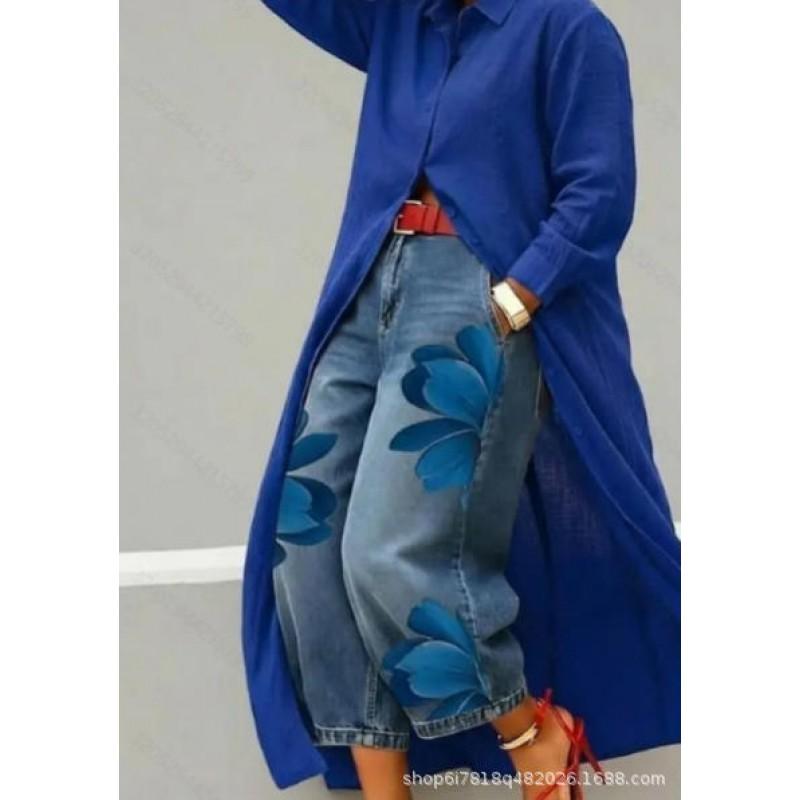 2026 Womens Wide Leg Denim Pants Loose Fit Printed Casual Trousers Mid-Rise Straight Cut