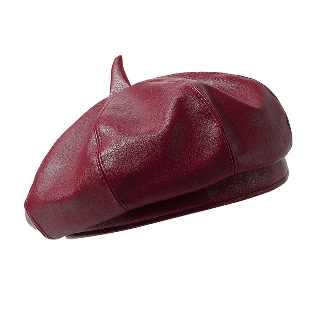 Girl Pu Leather Beret French Artist Warm Wool Winter Beanie Hat Retro Vintage Plain Beret Solid Color Elegant Ladies Winter Hat
