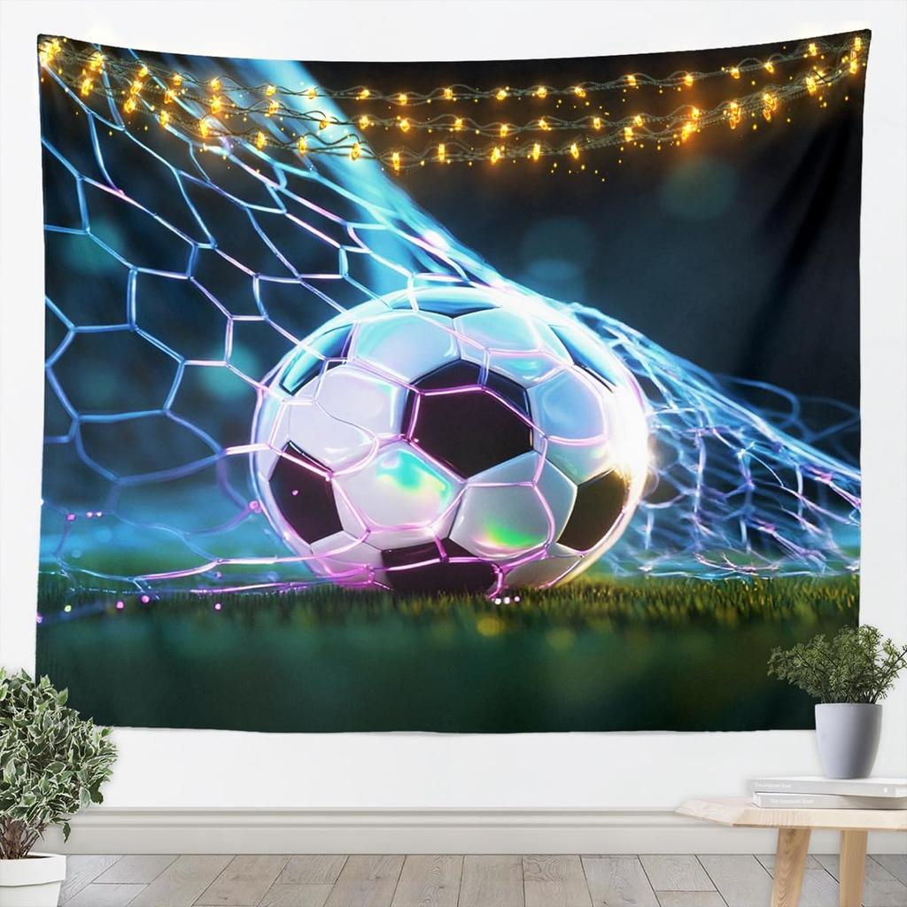 Soccer Tapestry Small Football Sport Theme Wall Hanging Blanket Black Green White Wall Art for Living Room Bedroom Decoration