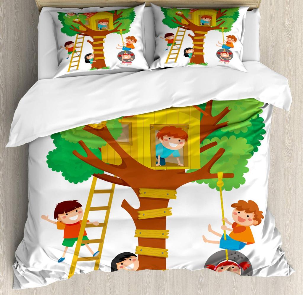 Baumhaus Bettbezug-Set für Kinder Jugendliche Leichte Tagesdecke Bezug Schlafzimmerdeko Natürliches Botanisches Thema Bettwäscheset Keine Steppdecke