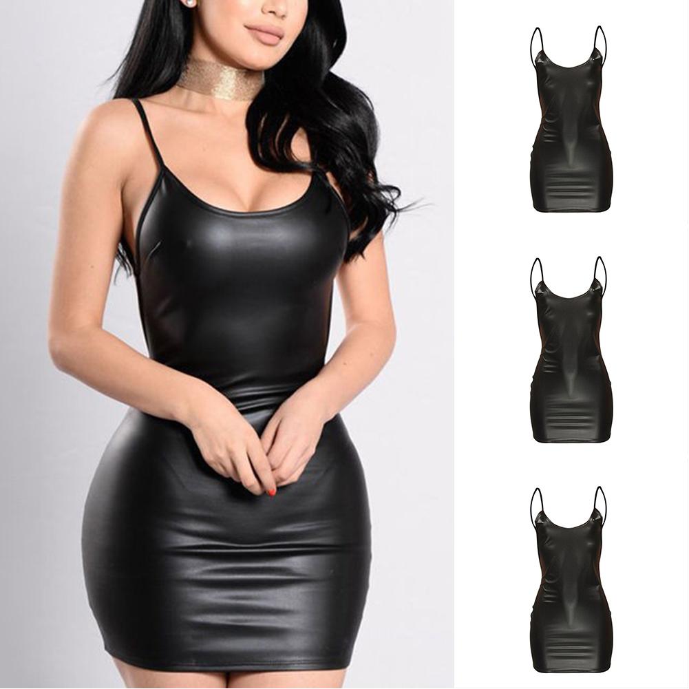 Comfortable Women Dress Nightdress PU Leather Short Wet Look