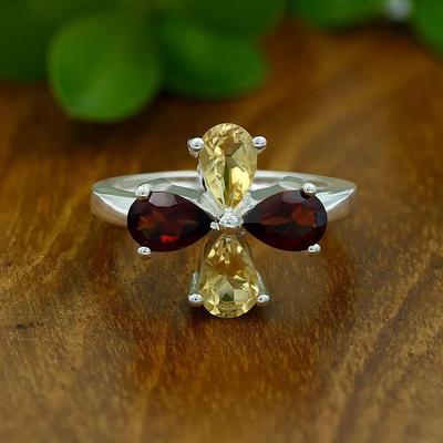 Red Garnet And Citrine Gemstone Ring 925 Sterling Silver Solid 4 Stone Fashion Rings for Women's Gift Idea Gemstone Jewelry 5.5 Gms Approx