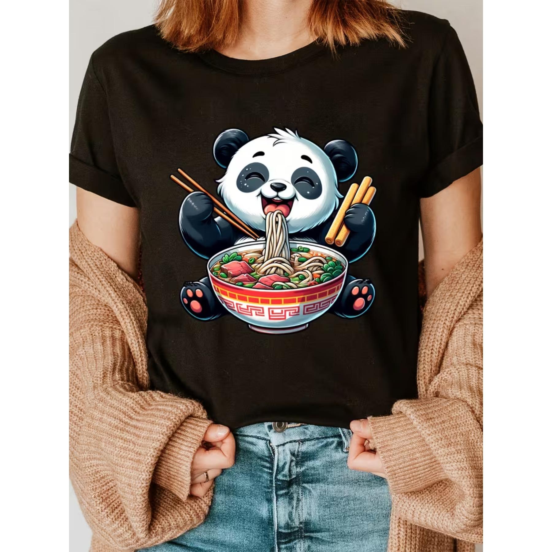 Cute Panda Eating Ramen Anime Kawaii Graphic T-Shirt - Soft Short Sleeve Crew Neck Casual Top S чёрный