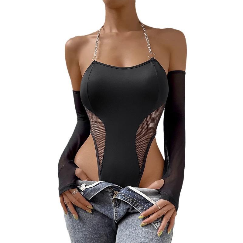 New Sexy Bare Shoulder with Gloves Chain Hanging Neck One-piece Erotic Underwear Set