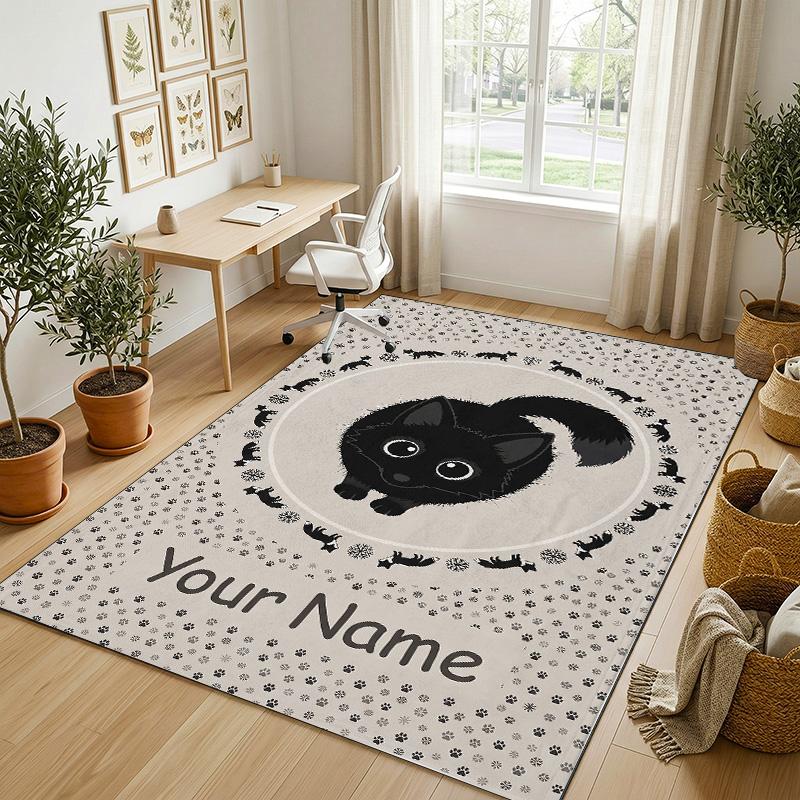 Black Cat Music Theme Soft Crystal Velvet Rug Custom Name & Text Print Non Slip Floor Rug for Bedroom Living Room