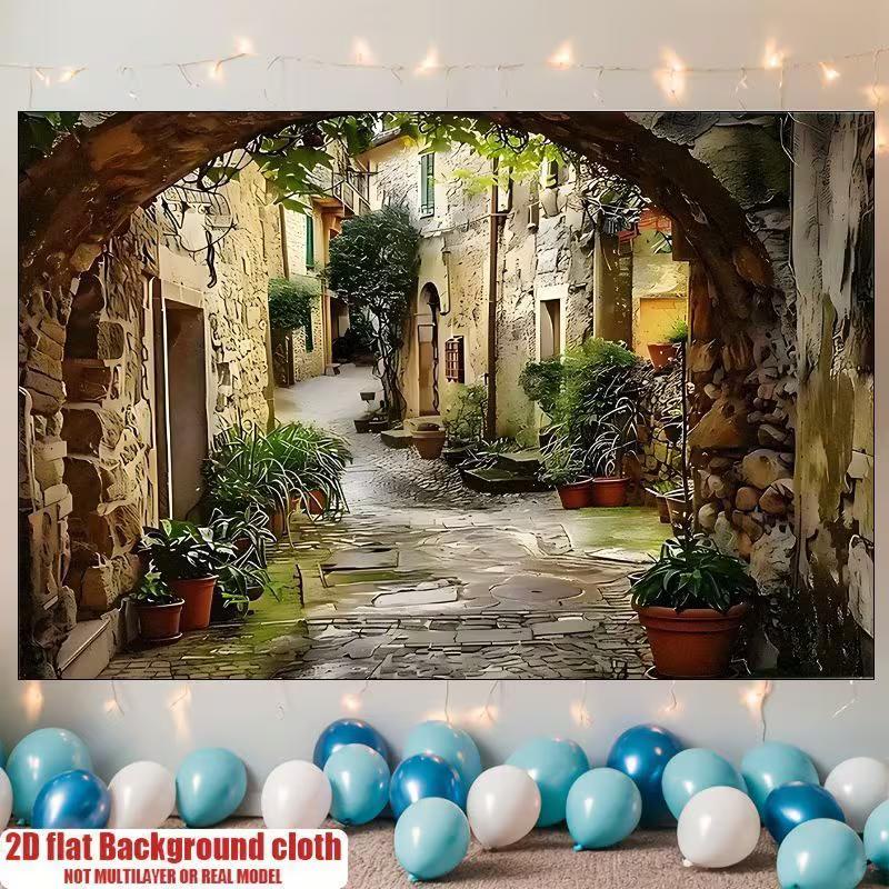 

2D European Old Town Street Backdrop, Tuscan Alley Photography Background for Travel Themed Party 47.2x31.5inch/120*80cm