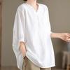 Women's Cotton Linen T-shirt  Summer Retro Loose V-neck  Plus Size Blouse Soft and Skin-friendly Blouse