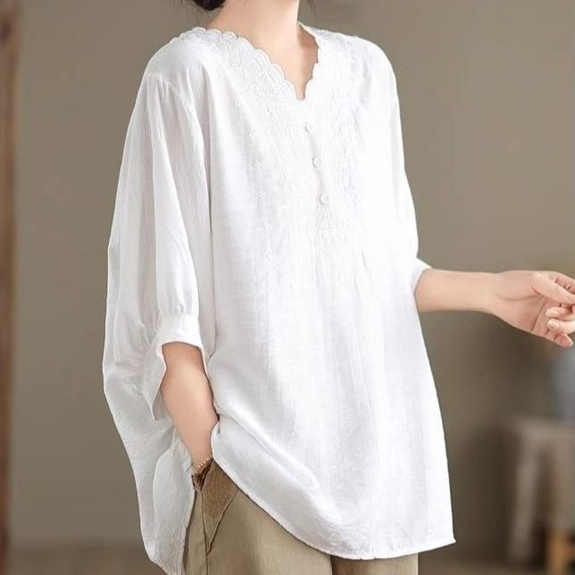 Women's Cotton Linen T-shirt  Summer Retro Loose V-neck  Plus Size Blouse Soft and Skin-friendly Blouse