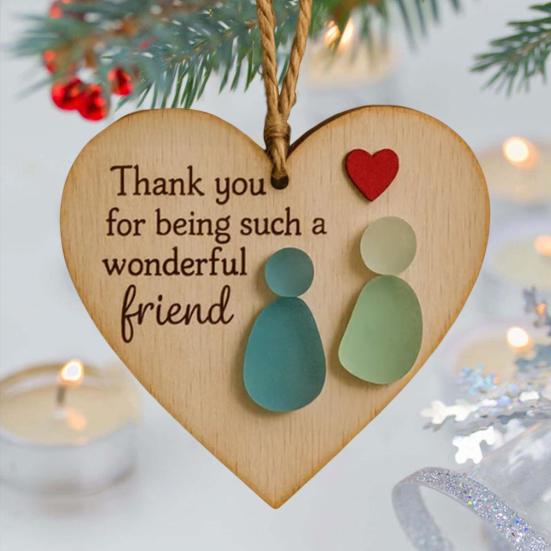 Friendship Heart Keepsake Wooden Heart Pendant Handmade Sea Glass Art Hanging Decoration with Warm Message Gift for Friends