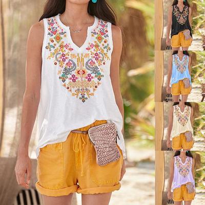 Summer Sleeveless Beach Print Blouse Women Tops Fashion Vintage Casual Plus Size Shirts for Women Elegant Ethnic Style Holiday Blouses 24529