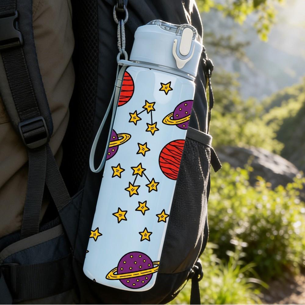 1PC Space Planet Star Pattern 750ml Color Plastic Sports Water Bottle Leakproof Flip Straw Lid Suitable for Sports Office Home Use