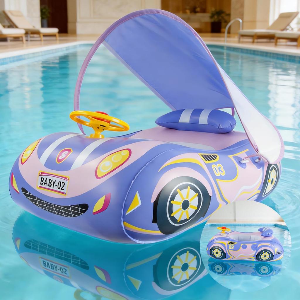 Ninonly Baby Swim Ring, Supercar Design, with Leg Openings, Removable Sunshade, UV Protection, Suitable for Pool and Water Play, Unisex (Purple)