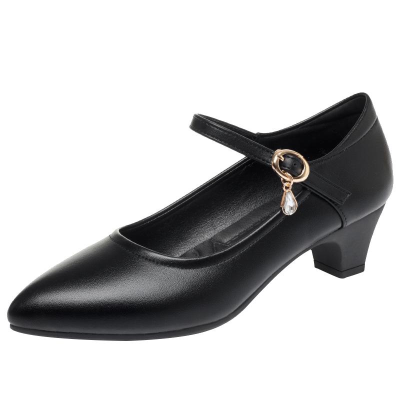 One-word buckle single shoes women's, new spring and summer women's shoes pointed soft leather soft sole mother leather shoes black work shoes