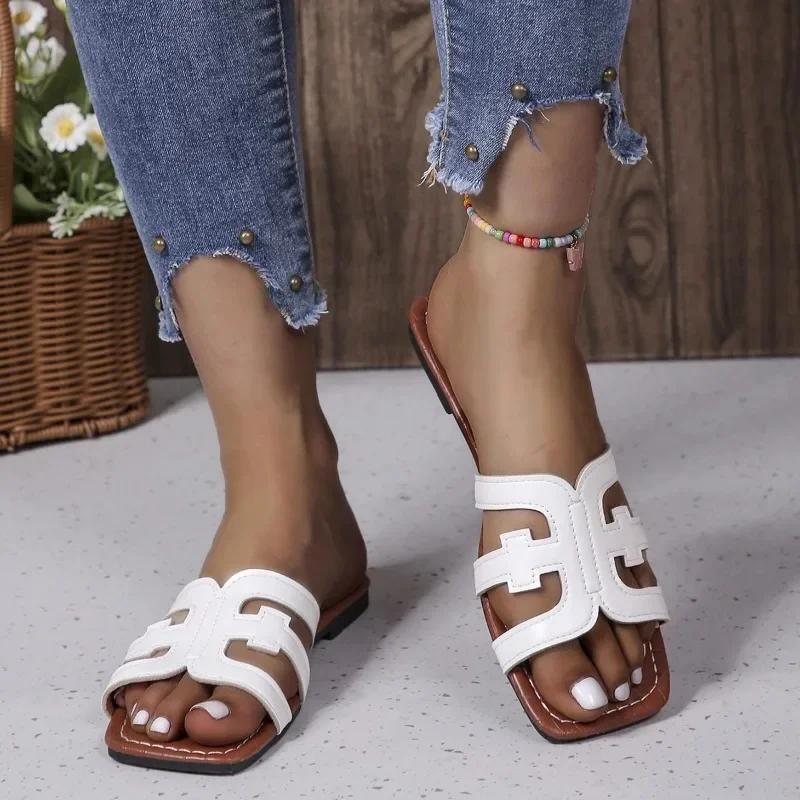 Letnie damskie płaskie kapcie z kwadratowym noskiem, retro, casualowe buty plażowe dla kobiet, outdoorowe, plus size, sandały damskie, buty damskie typu slide