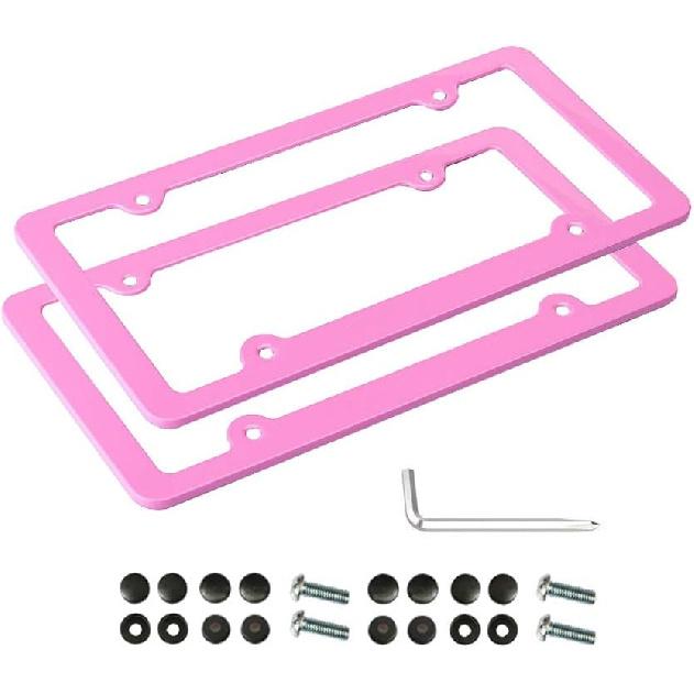 Pink License Plate Frame, 2 PCS License Plate Holder, Universal American Auto License Plate Frame Rust-Proof, Rattle-Proof, Weather-Proof