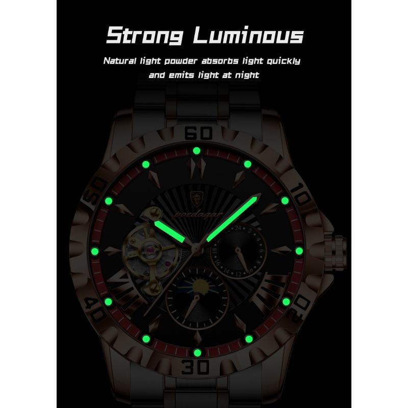 POEDAGAR Luxury Men Clock Hollow Tourbillon Automatic Mechanical Watch Waterproof Luminous Stainless Steel Watches+Box