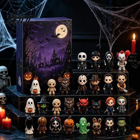 Festlig skrivbordsdekoration Halloween Nedräkningskalender 2026, 24 Dagar Nedräkning med 2D Platta Familjespel Akryl Miniatyrfigurer, Samlarbar Överraskning