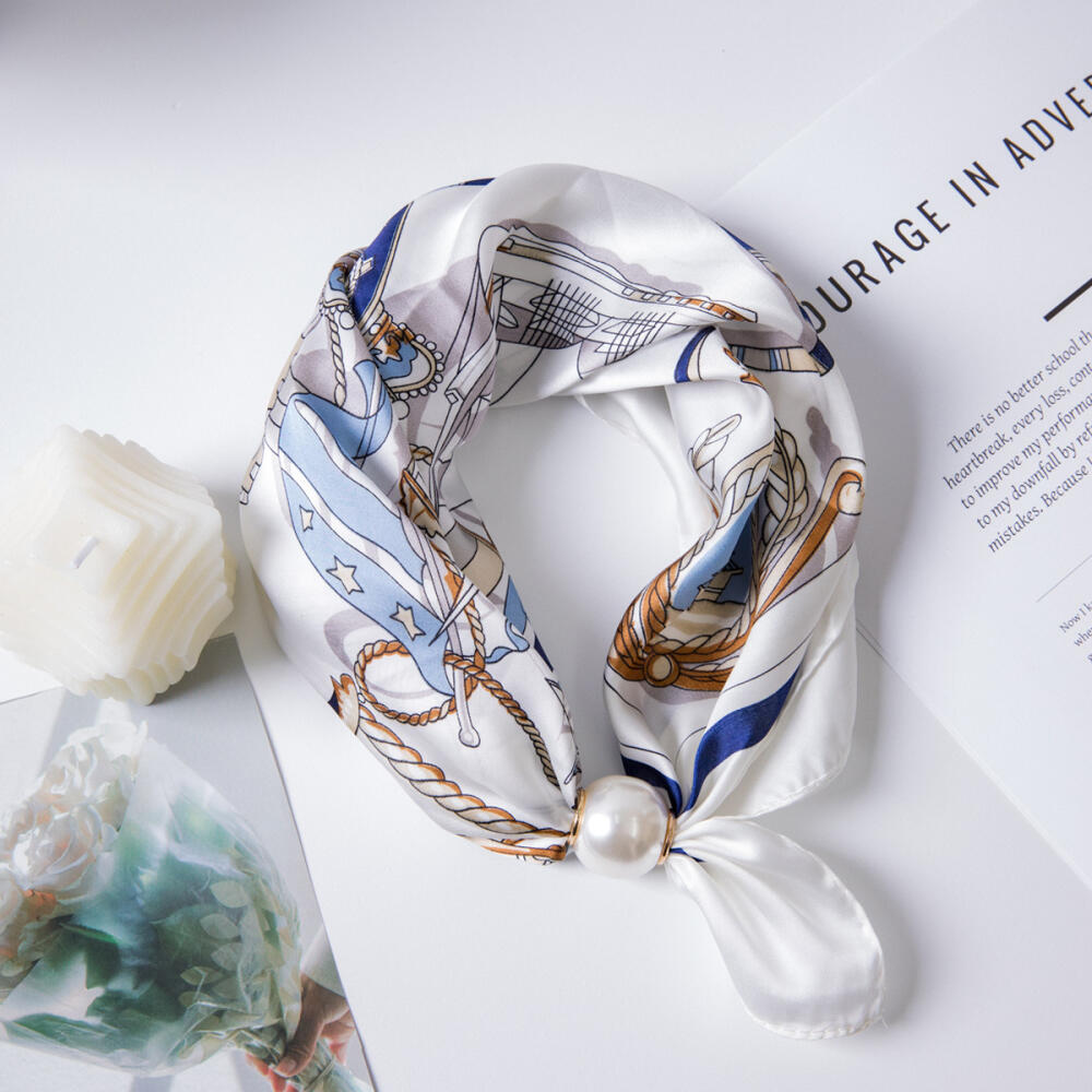 Pearl Magnetic Buckle Silk Scarf Double Square Scarf Necklace Chain Scarf Neck Pattern Small Scarf