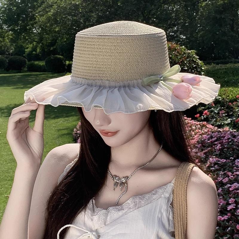 Lace Bow Tulip Straw Hat Women's Summer Seaside Beach Vacation Sun Hat Shade Sun Protection Hat
