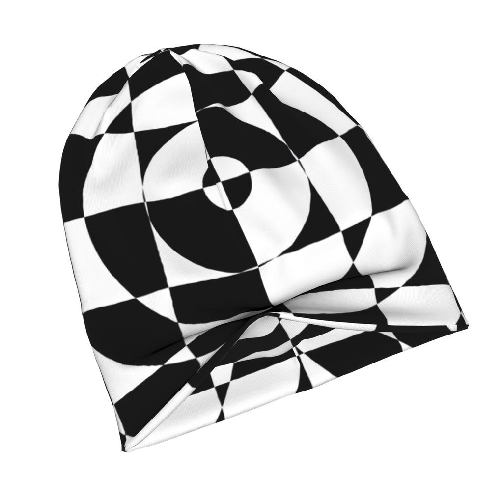 ZLIENSZUS Op-Art Black & White Abstract Checkered Circles Beanie - Modern Urban Adult Hat Suitable for Layered Outfits, Coffee Walks, Creative Spaces,