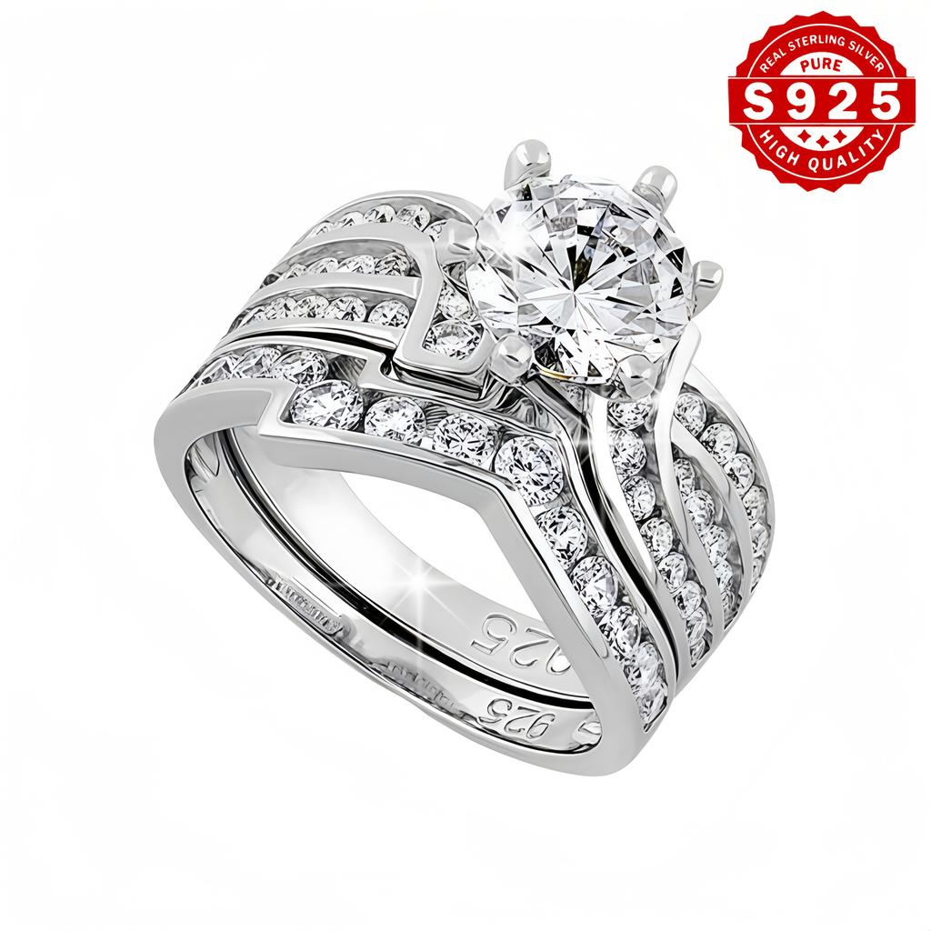 2Set S Silver Fashionable Elegant Engagement Set Ring Inlaid with High-Quality Shiny Synthetic Stones3A Zircon is a perfect jewelry gift for women