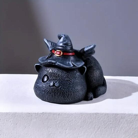 Magician Cat Statue Hand-painted Cat Figurine Collectible Halloween Decoration Desktop Cat Sculpture for Home Table Shelf Decor