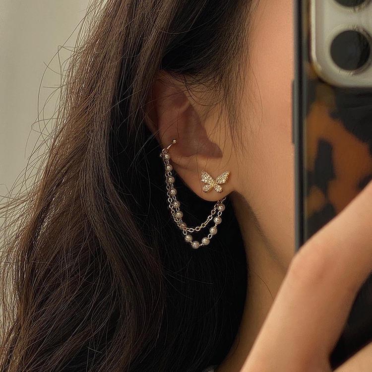 French Retro Zircon Butterfly Pearl Tassel Ear Clip: Versatile Niche Earrings