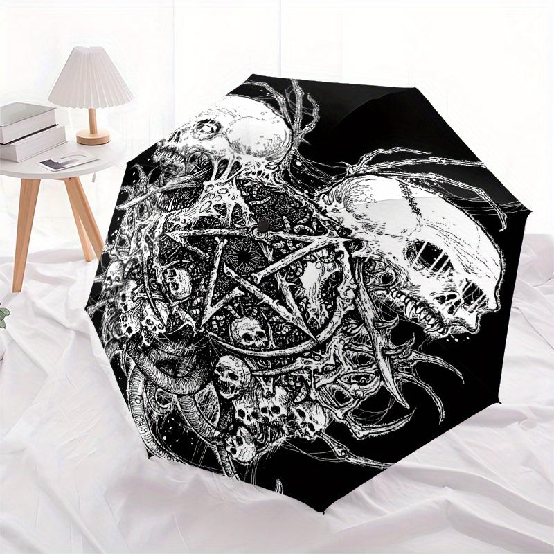"""Dunkle Gothic Totenköpfe & Pentagram Anstecknadel" Regenschirm, Süßer Regenschirm mit Süßem Design, Tragbarer 3-Fach Kompakter Regenschirm für Damen & Herren, Valentinstag Da"""