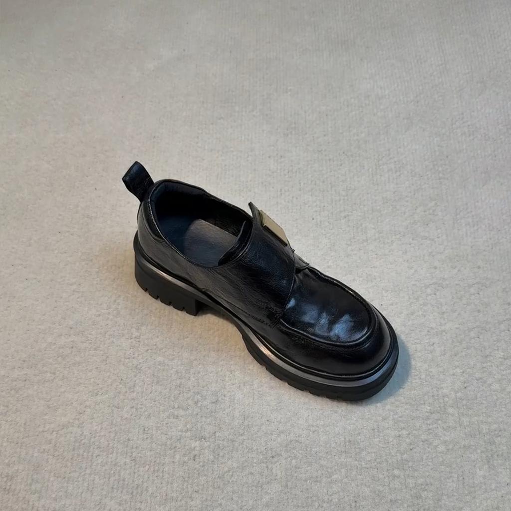 Sheepskin version~ Velcro metal buckle thick-soled small leather shoes retro one-pedal single shoes women