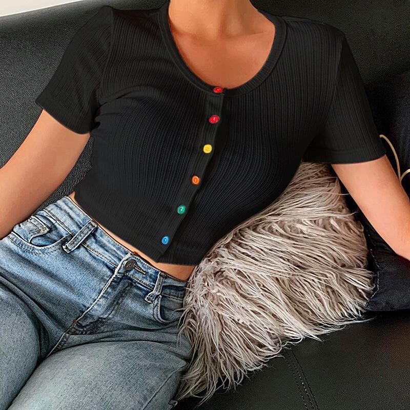 Summer Ribbed Tops Sexy Colorful Buttons T Shirt Short Sleeve Crop Top