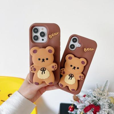Creative 3D Cute Cartoon Bear Telescopic Bracket Silicone Phone Case For iPhone 17 16 15 14 13 12 11 Pro Max Shockproof Protective Cover