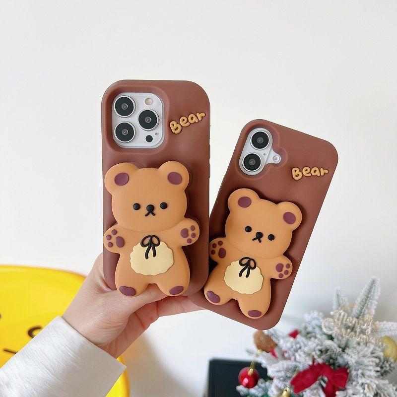 3D Cute Cartoon Bear Telescopic Bracket Silicone Phone Case For iPhone 17 16 15 14 13 12 11 Pro Max Shockproof Protective Cover