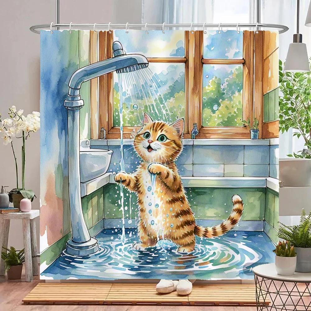 Funny Bathing Cat and Dog Shower Curtain Waterproof Bathroom Curtain Creative and Interesting Partition Bath Curtain with Hooks