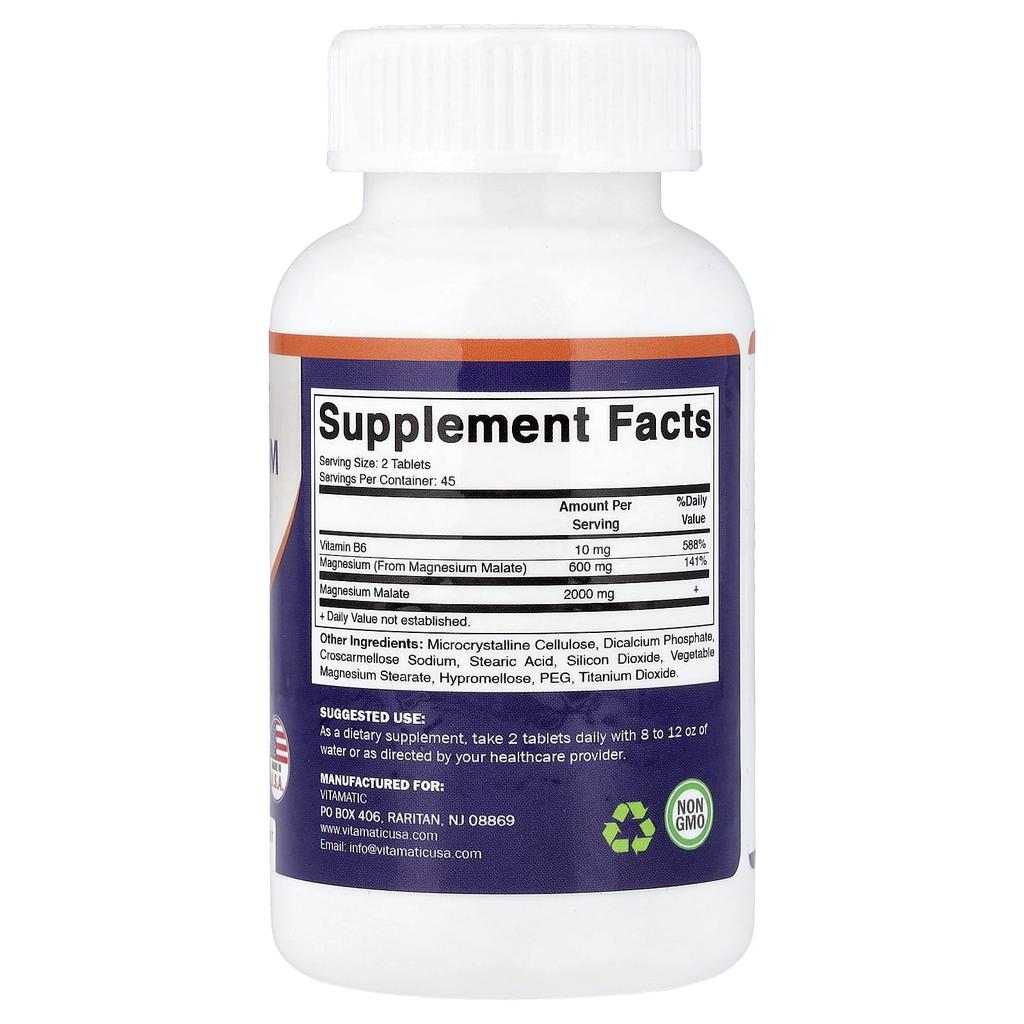 Vitamatic Magnesium Malate, with B6, 2,000 Mg, 90 Vegetable Tablets (1,000 Mg Per Tablet)