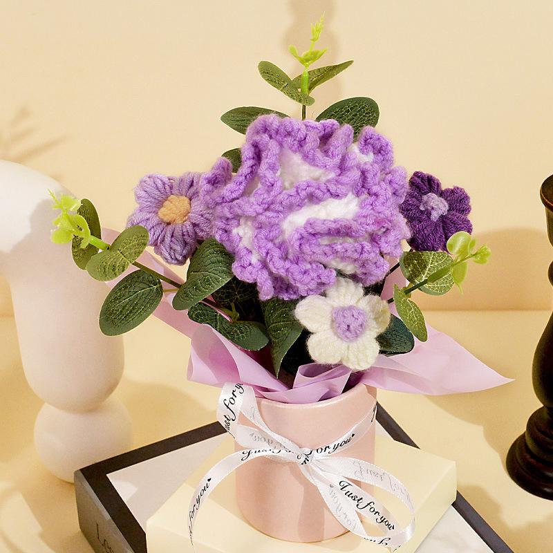 1PC Puff Permanent Rose Valentine's Day Knitted DIY Artificial Flower Gift Handmade Elegant Bouquet Romantic
