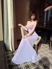Elegant Purple Nightclub See-Through Gown with Push-Up Cups and Pearl Flower Accents - Mermaid Skirt Design