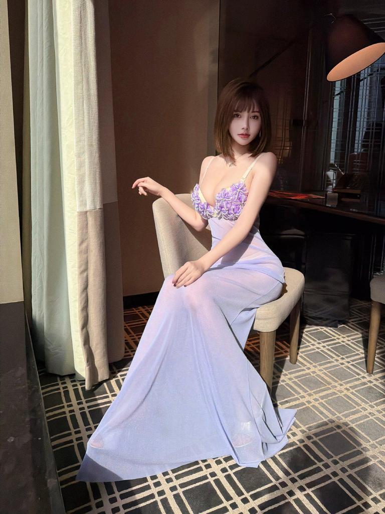 Elegant Purple Nightclub See-Through Gown with Push-Up Cups and Pearl Flower Accents - Mermaid Skirt Design