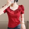 Fashion Summer Ladies Cotton T-shirt Elegant Short Sleeve Women Brand Top Shirts Chic Sexy Square Neck Ruffles Hot Diamonds Tees