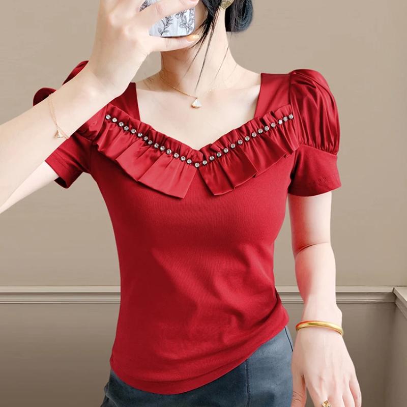 Fashion Summer Ladies Cotton T-shirt Elegant Short Sleeve Women Brand Top Shirts Chic Sexy Square Neck Ruffles Hot Diamonds Tees