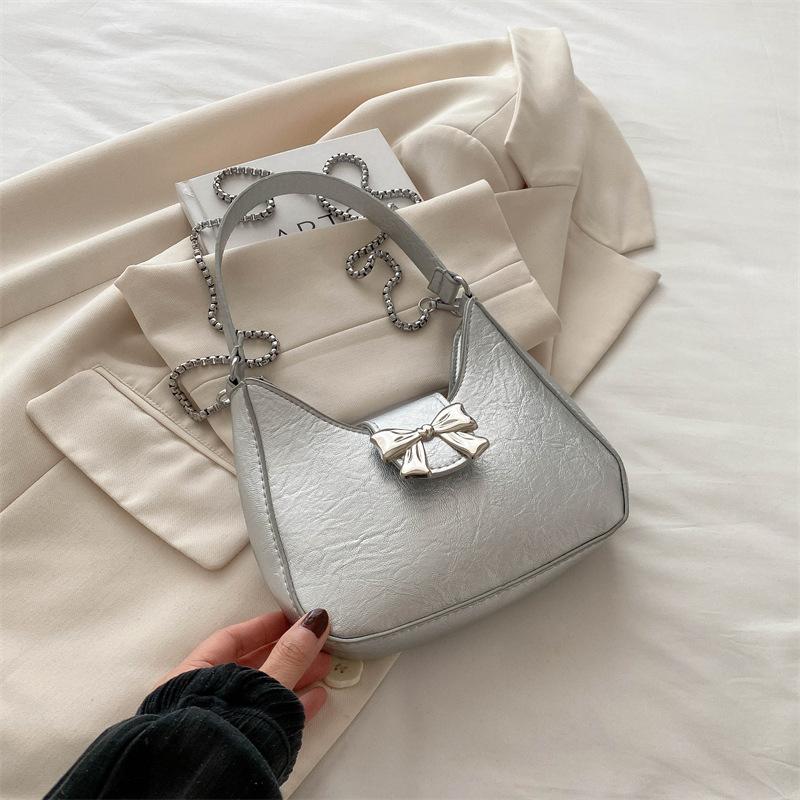 Sweet Solid Color Bow Handbag Women's 2025 New Trendy Fashion Niche Underarm Bag Chain Messenger Bag
