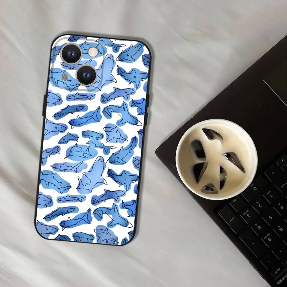 Cute Cartoon Blue Shark Phone Case For iPhone 17,16,15,14,13,12,11,Pro,XS,Max,XR,Plus,E,SE4,Mini Black Soft Cover