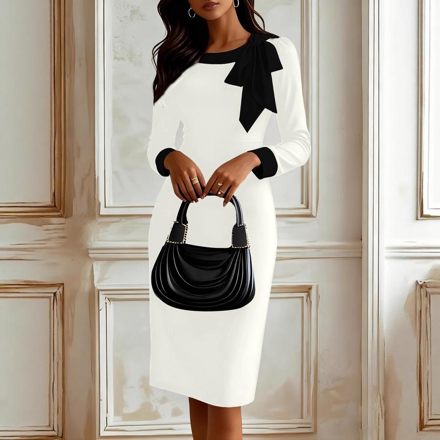 New Style Goddess Bow-Detailed Bodycon Color Block Office Dress for Women