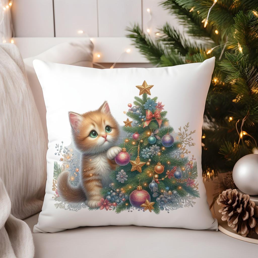 Cat and Christmas Tree Pattern Square Polyester Pillowcase Sofa Living Room Cushion Cover Bedroom Bedside Pillow Cover