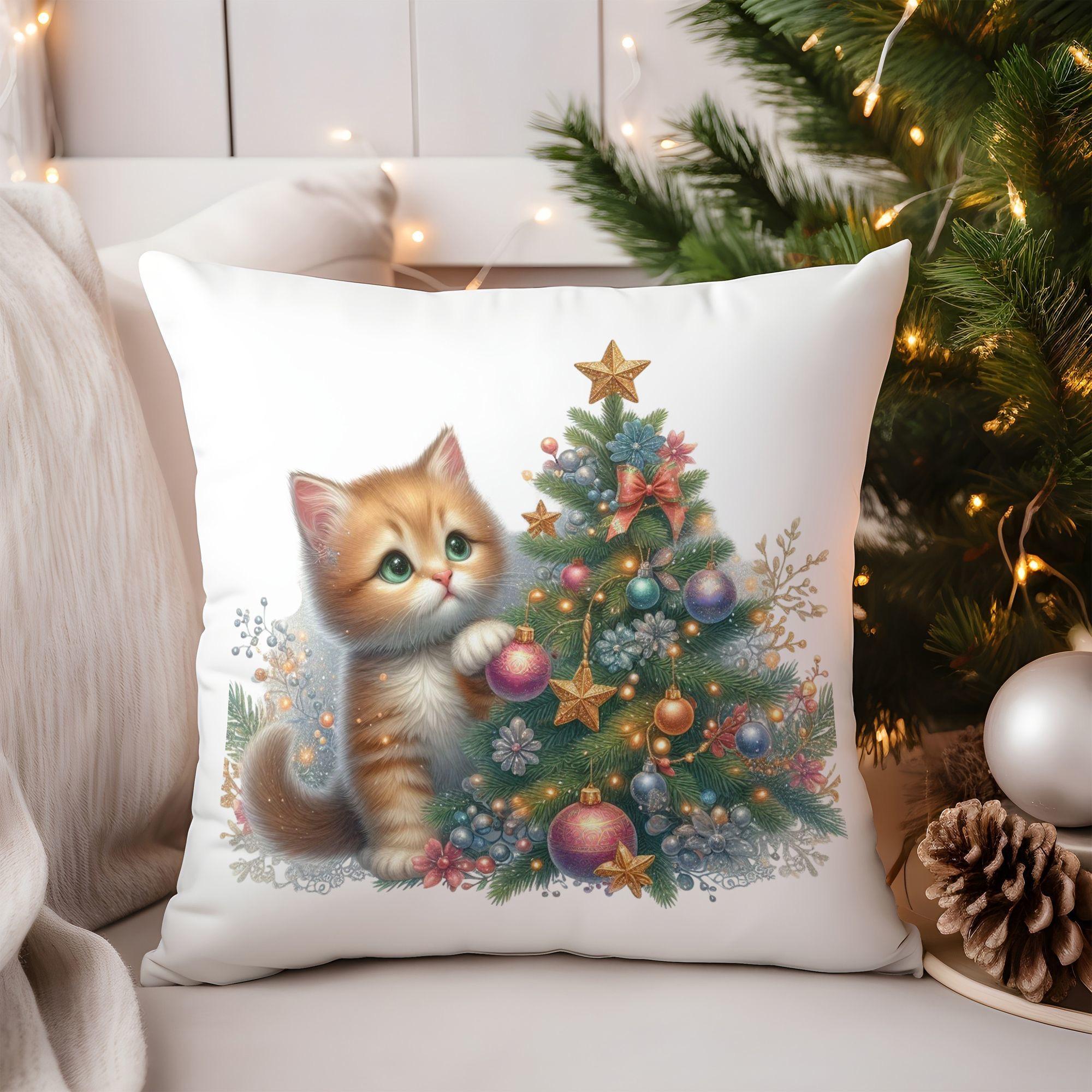 

Cat and Christmas Tree Pattern Square Polyester Pillowcase Sofa Living Room Cushion Cover Bedroom Bedside Pillow Cover 16x16Inch