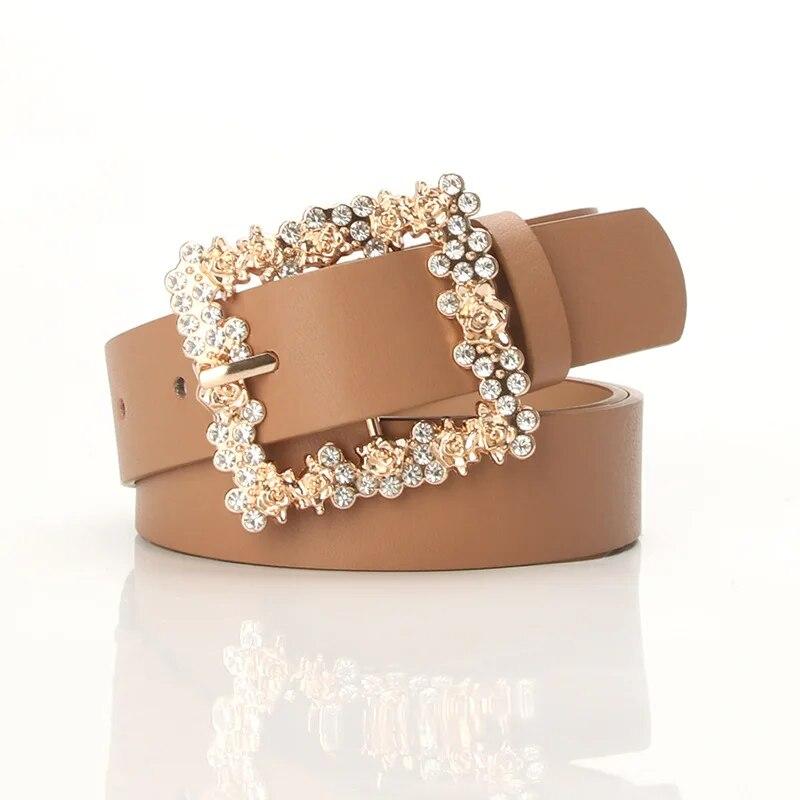 Fashionable Belts for Woman Gold Color Metal Floral Rhinestone Buckle Simple Practical Solid Color PU Belts
