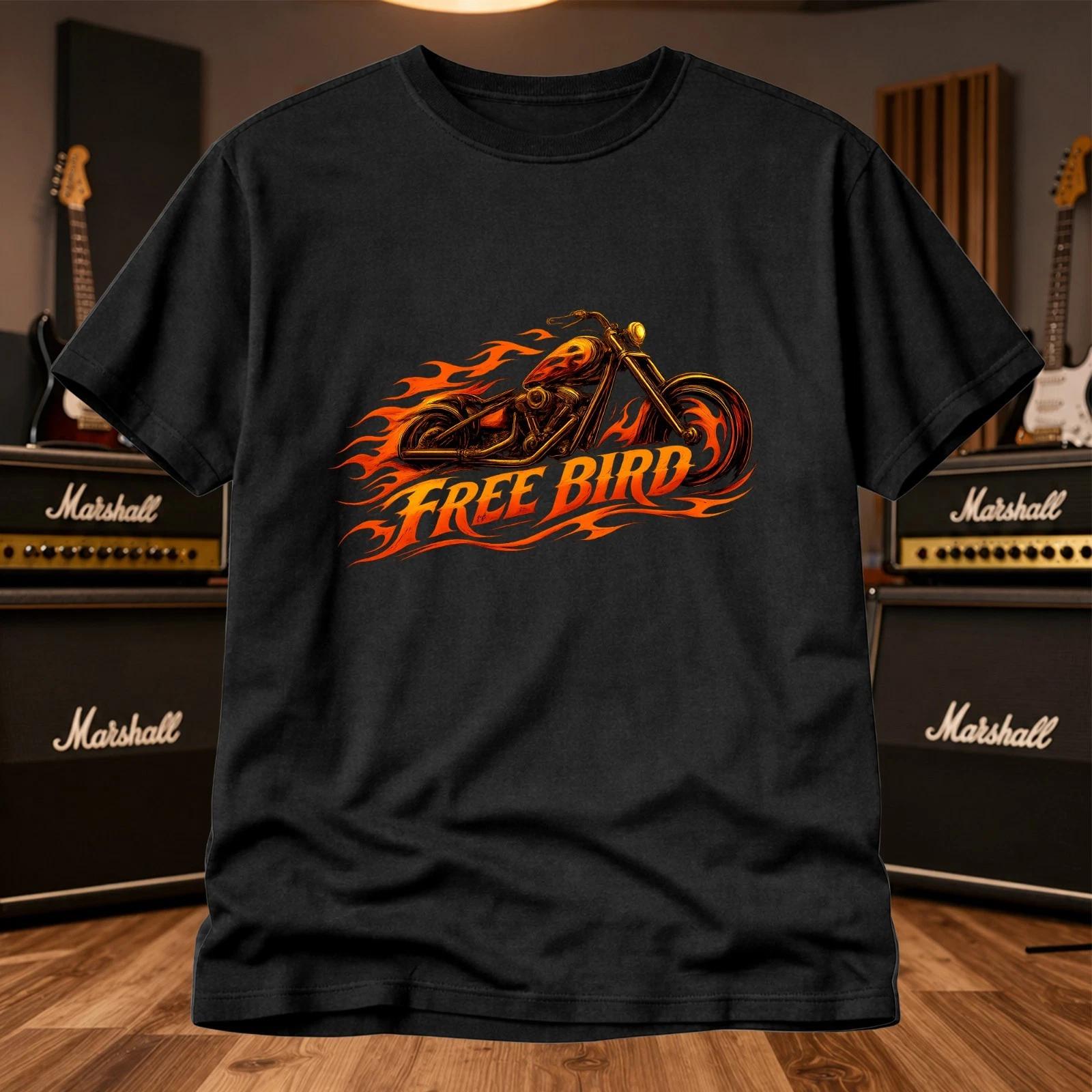 Free Bird Motorcycle T Shirt Flame Chopper Biker Graphic Black Cotton Tee L